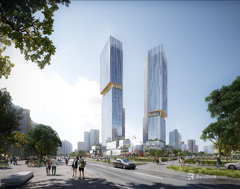 Modern Twin High Rise Office Buildings With Glass Curtain Walls And Urban Greenery 3d model 