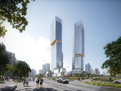 Modern Twin High Rise Office Buildings With Glass Curtain Walls And Urban Greenery 3d model