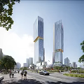 Modern Twin High Rise Office Buildings With Glass Curtain Walls And Urban Greenery