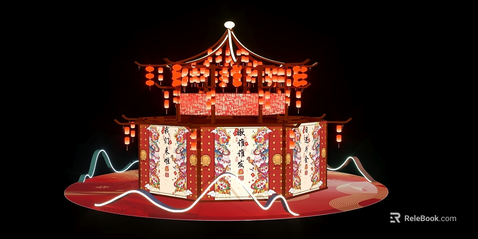 Chinese Traditional Art Installation With Red Pavilion Structure Hanging Lanterns And Decorative Patterns 3d model 