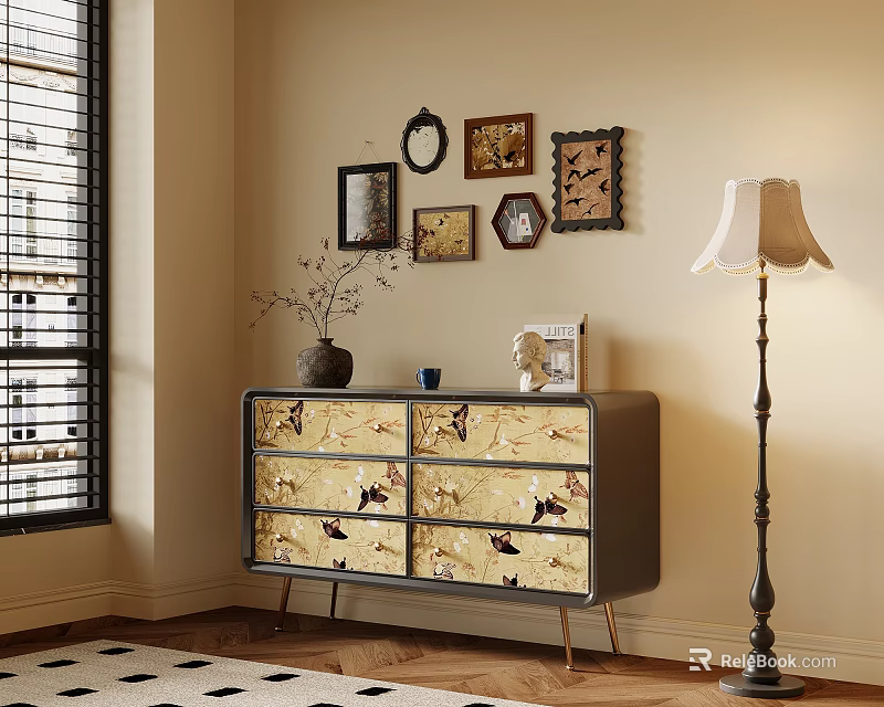 Entryway Sideboard Cabinet with Decorative Vase Books Framed Pictures Near Floor Lamp and Window Blinds 3d model 