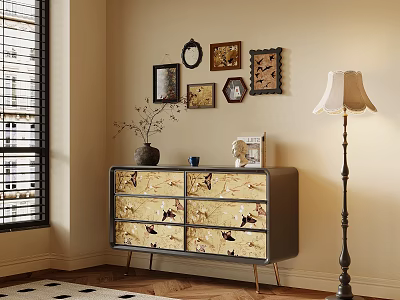 Entryway Sideboard Cabinet with Decorative Vase Books Framed Pictures Near Floor Lamp and Window Blinds 3d model