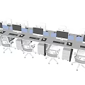 Modern Office Workstation Desks With Multiple Computers And White Chairs Setup 3d model