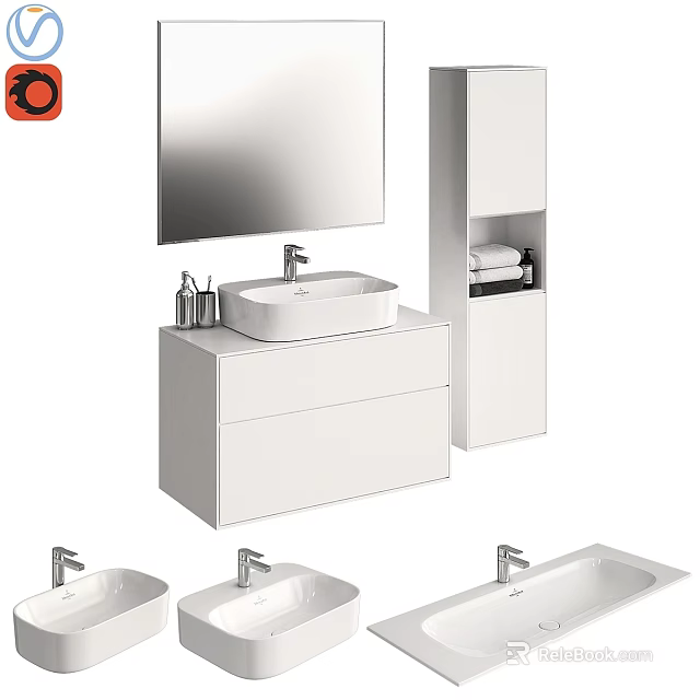 Modern Bathroom Washbasin Design With White Cabinet Mirror Faucet And Storage 3d model 