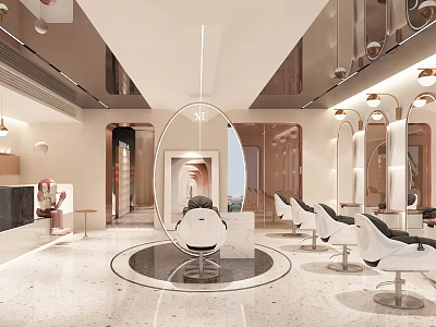 Elegant Modern Hair Salon Interior Design With White Styling Chairs Mirrors And Lighting 3d model