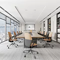 Modern Conference Room Interior Design Featuring Large Windows Long Table Chairs Projector Screen And Cabinets 3d model