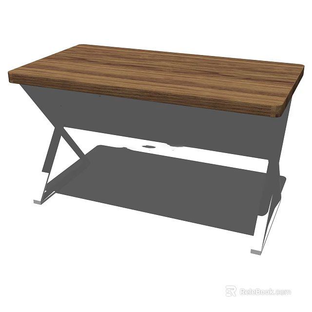 Simple Wooden Desk With Metal Frame And Lower Storage Shelf 3d model 