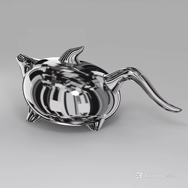 Shiny Silver Teapot With Unique Curved Spout And Reflective Metallic Surface 3d model 