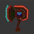 Colorful Interactive Device Featuring Green Body Red Blue Glowing Panels And Central PRESS