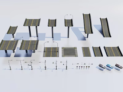 Diverse Public Facilities Components Including Platforms Street Lamps Pavements And Benches 3d model