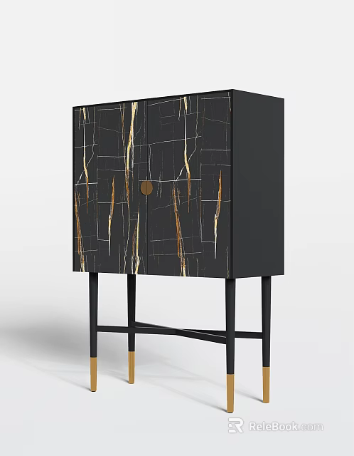 Modern Entryway Cabinet Sideboard With Black Frame Marble Pattern Doors And Gold Accents 3d model 