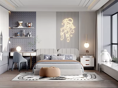 Modern Kids Room Interior Design With Bed Desk Neon Astronaut And Stuffed Toy 3d model