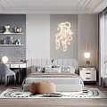 Modern Kids Room Interior Design With Bed Desk Neon Astronaut And Stuffed Toy