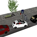 Public Facilities On Urban Street With Street Lamp Trash Bin Parking Sign And Parked Cars