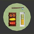 Fresh Sushi Rolls on Green Mat with Wooden Tray White Plate and Red Chopsticks