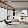 Modern Living Dining Room Interior With White Beige Sofa Brown Armchair Round Coffee Table Plants
