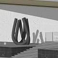 Abstract Black Sculpture On Water Platform With White Wall And Green Trees