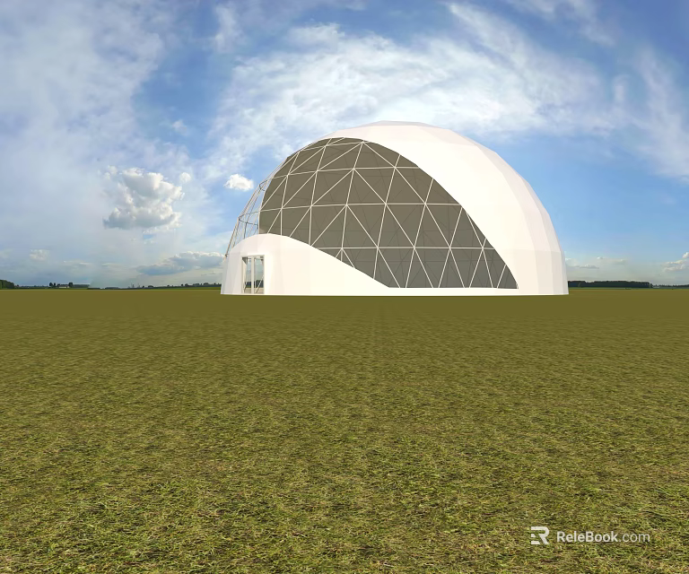 White Dome Guesthouse Featuring Geometric Grid Design In Open Green Grassland 3d model 