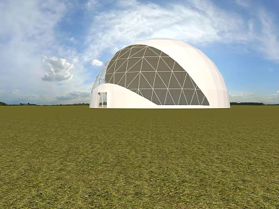 White Dome Guesthouse Featuring Geometric Grid Design In Open Green Grassland 3d model