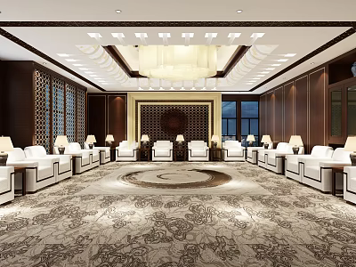 Luxurious Conference Room Interior With Round Carpet White Chairs Wooden Wall Panels And Chandelier 3d model