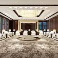 Luxurious Conference Room Interior With Round Carpet White Chairs Wooden Wall Panels And Chandelier