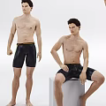 Shirtless Men In Black Swim Trunks With Colorful Stripes In Different Poses