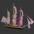 Detailed Sailing Ship Model With White Sails And Yellow Dark Blue Hull
