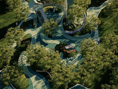 Modern Urban Park Landscape With Green Trees Winding Paths And Water Features 3d model