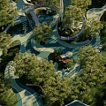 Modern Urban Park Landscape With Green Trees Winding Paths And Water Features