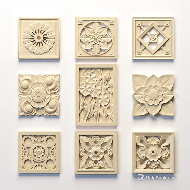 Decorative Wooden Carved Panels With Various Floral And Geometric Patterns In Multiple Shapes 3d model 