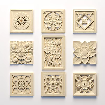 Decorative Wooden Carved Panels With Various Floral And Geometric Patterns In Multiple Shapes 3d model