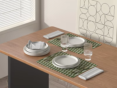 Stylish Dinnerware Set with Stacked Plates Green Placemats Glass Cups Napkins on Wooden Dining Table 3d model