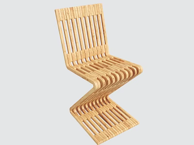Modern Wooden Single Chair with Z Shaped Structure and Slat Design 3d model