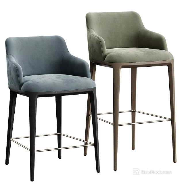 Modern Blue And Green Velvet Bar Stools With Armrests Tall Legs And Footrests 3d model 