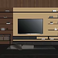 Modern TV Wall Unit With Multi-layer Wooden Shelves Built-in TV And Lighting In Living Room
