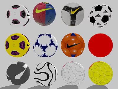 Sports Equipment Soccer Balls Featuring Various Designs Brands And Color Patterns 3d model