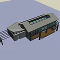 Modern Two Story Building With Stone Wood Facade Sloped Roof And Large Glass Windows