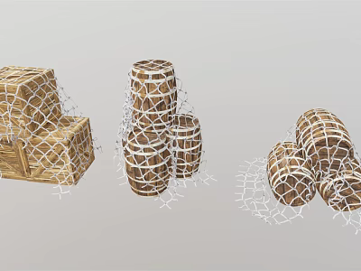 Decorative Ornament Set With Net Wrapped Wooden Boxes And Barrels 3d model