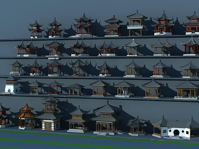 Ancient Chinese Architecture Models In Multi Layered Display With Traditional Pagoda Structures 3d model