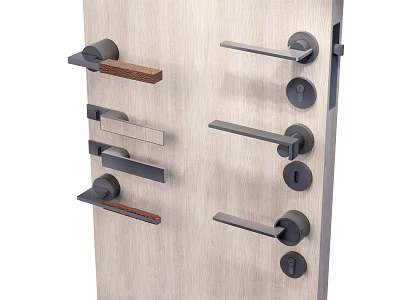 Modern Metal And Wooden Door Handles In Various Styles On Wooden Panel 3d model
