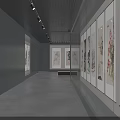 Modern Gallery Interior Design With Displayed Artworks Dark Walls And Wooden Floors