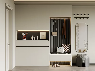 Modern Entryway Shoe Cabinet With Hanging Rack Mirror And Decorative Storage Design 3d model