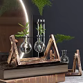Glass Vases With Green Plants On Wooden Stands And Books Against Circular Mirror Background