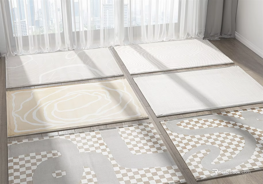 Square Rugs with Various Patterns in Neutral Tones for Modern Living Room Interior Decor 3d model 