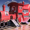 Colorful Park Landscape With Red Train Shaped Building And Blue And White Slide
