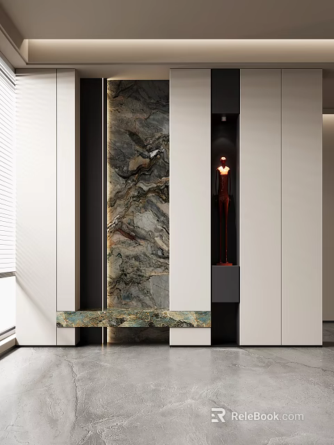 Modern Foyer Hallway With Stone Accent Wall Floor Lamp And Cabinets 3d model 