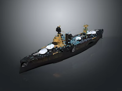 3D Model Warship Military Design With Black Yellow Hull And Detailed Turrets 3d model
