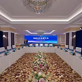 Large Conference Hall Setup With Long Tables White Chairs And Digital Screens