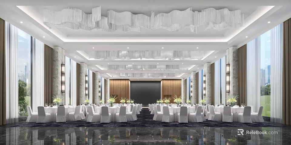 Elegant Banquet Hall Interior Design With White Crystal Chandeliers Round Tables And Marble Flooring 3d model 