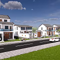 Modern Residential Houses With White Walls Gray Roofs Road Grass White Car And Bicycle